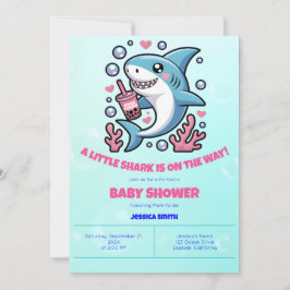 Cute Kawaii Boba Shark Rosa & Blue Baby Shower Inbjudningar