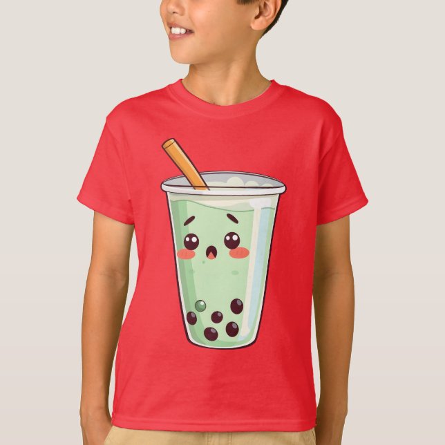 Cute Kawaii Boba Tea Bubble Tea Character Matcha G T Shirt (Framsida)