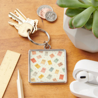 Cute Kawaii Bokar Keychain Fyrkantig Silverfärgad Nyckelring