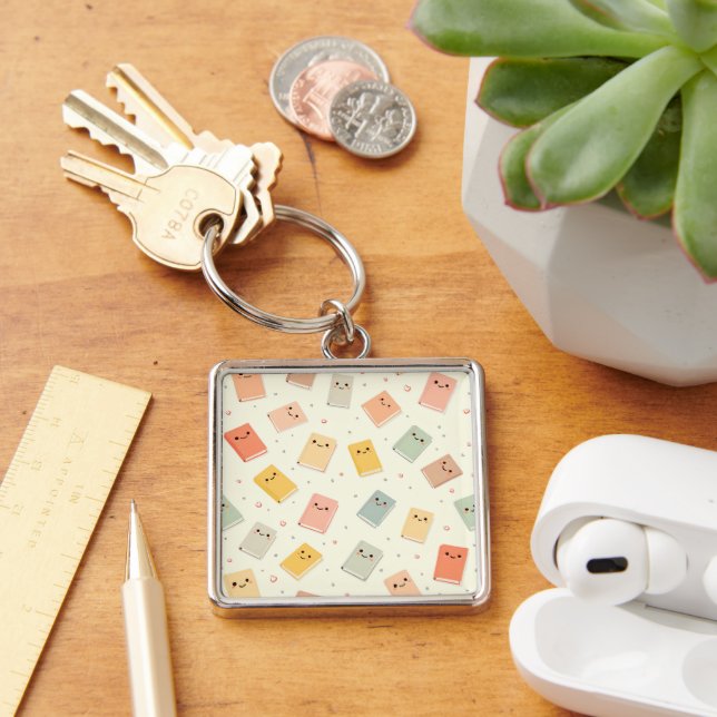 Cute Kawaii Bokar Keychain Fyrkantig Silverfärgad Nyckelring (Skrivbord)