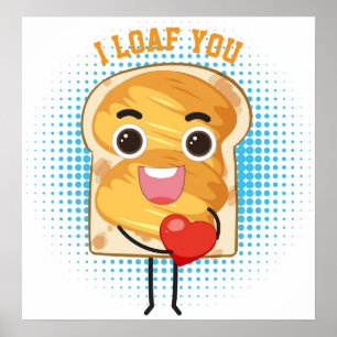 Cute Kawaii Bread Toast Tecknad with Heart - FUNNY Poster