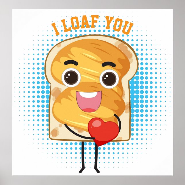 Cute Kawaii Bread Toast Tecknad with Heart - FUNNY Poster (Framsidan)