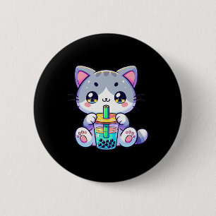 Cute Kawaii Bubble Tea Cat Japansk Kitten Anime Knapp