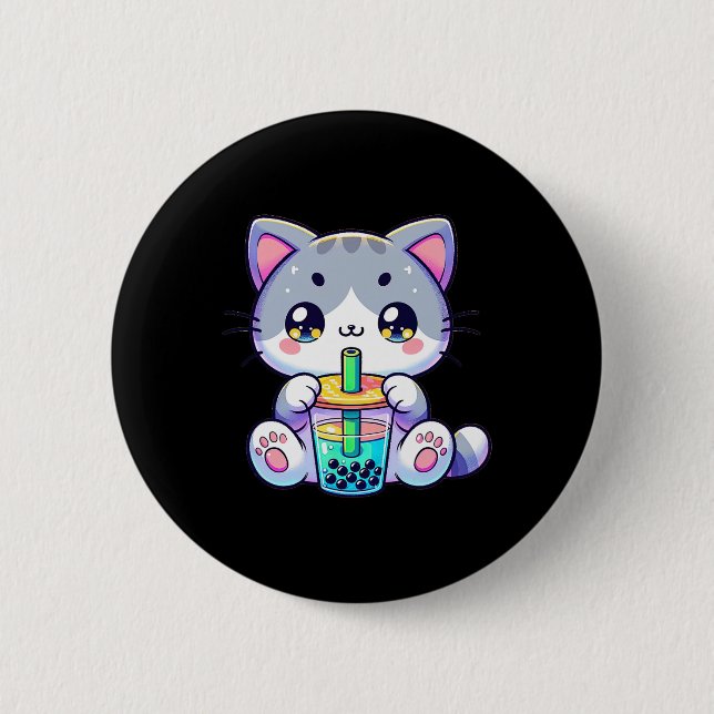 Cute Kawaii Bubble Tea Cat Japansk Kitten Anime Knapp (Framsida)