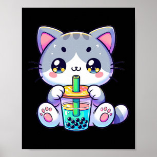 Cute Kawaii Bubble Tea Cat Japansk Kitten Anime Poster