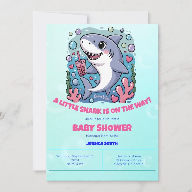 Cute Kawaii Bubble Tea Shark Baby Shower Inbjudningar (Framsida)
