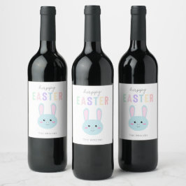Cute Kawaii Bunny Blue Glad påsk Modern Vinflaska Etikett