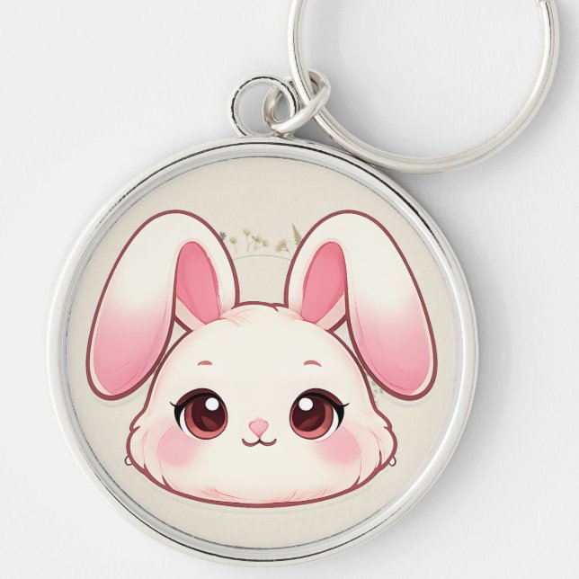 Cute Kawaii Bunny Face Keychain Rund Silverfärgad Nyckelring (Framsidan)