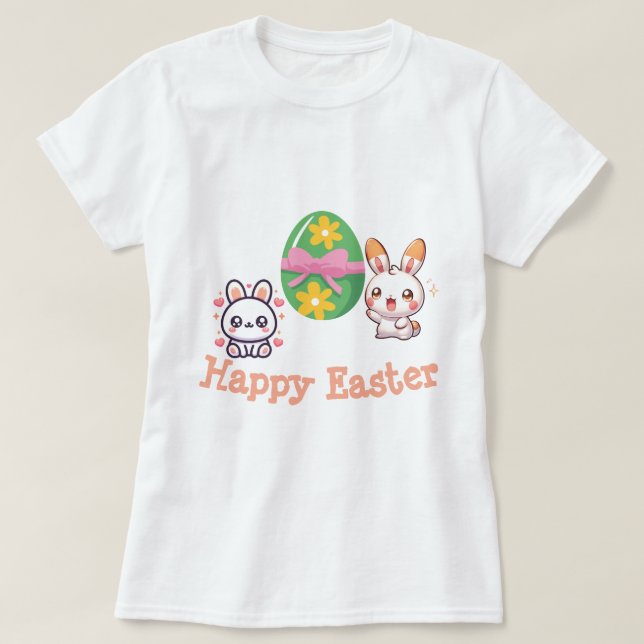 Cute Kawaii Bunny Happy Easter T Shirt (Design framsida)