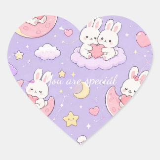 Cute Kawaii Bunny Heart Moon Pattern Hjärtformat Klistermärke