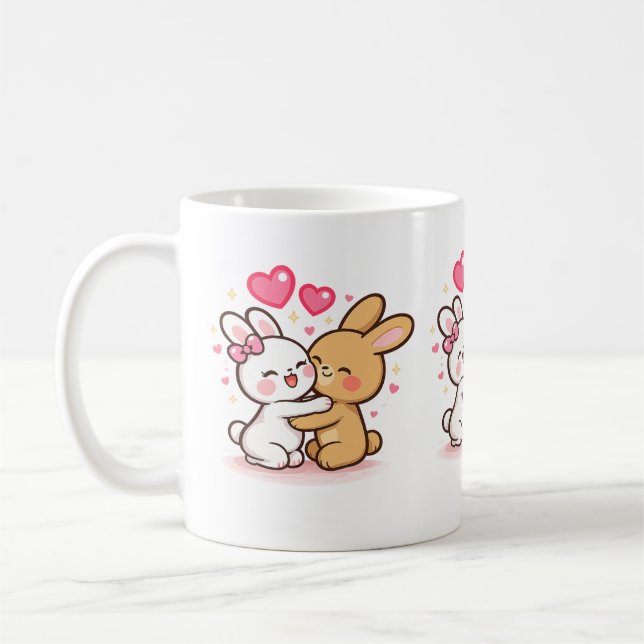 Cute Kawaii Bunny Love Mug – Romantic Rabbit Coupl Kaffemugg (Vänster)