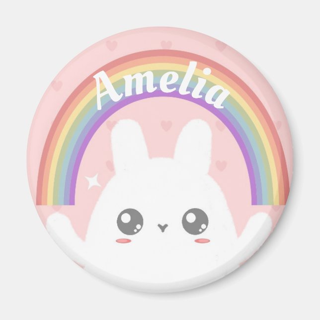 Cute Kawaii Bunny och Rainbow Personlig Magnet (Framsidan)