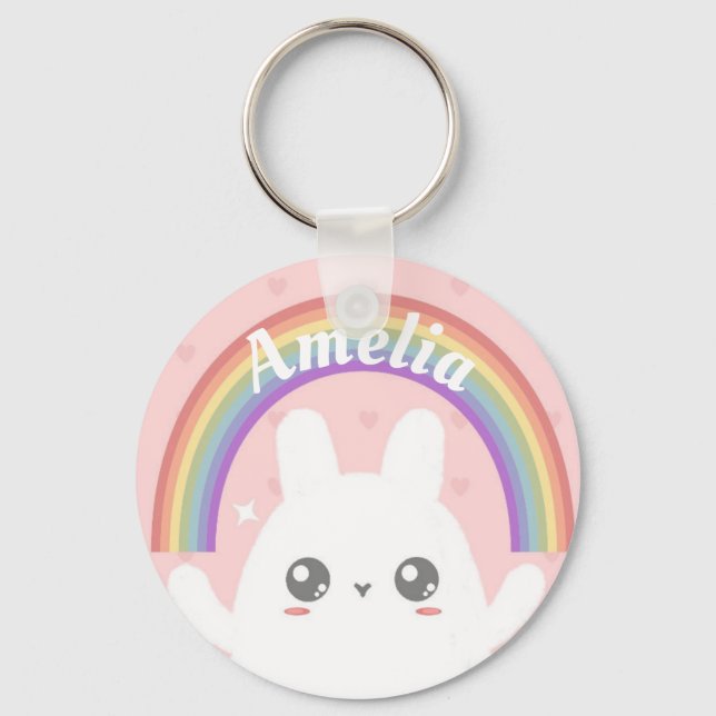 Cute Kawaii Bunny och Rainbow Personlig Nyckelring (Framsida)