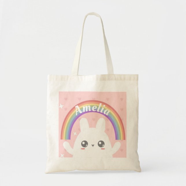 Cute Kawaii Bunny och Rainbow Personlig Tygkasse (Framsidan)