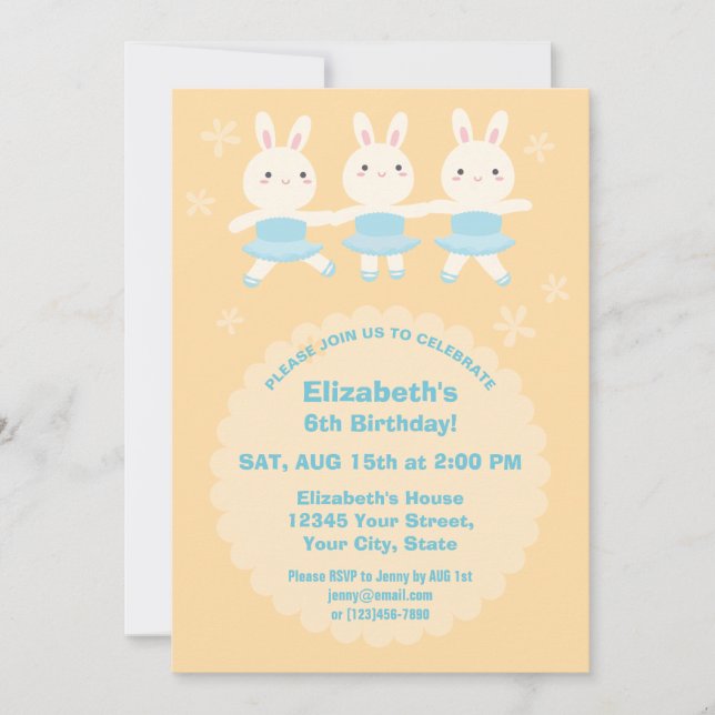Cute Kawaii Bunny Rabbit Ballerina Girl Birthday Inbjudningar (Framsida)