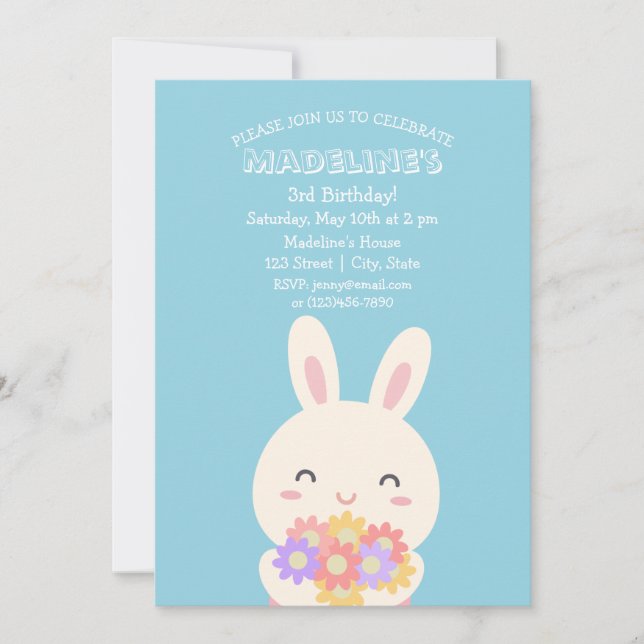 Cute Kawaii Bunny Rabbit & Flowers Barns födelseda Inbjudningar (Framsida)