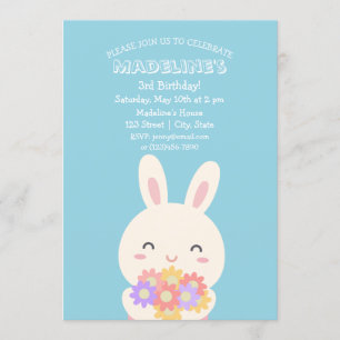 Cute Kawaii Bunny Rabbit & Flowers Barns födelseda Inbjudningar
