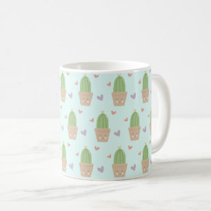 Cute Kawaii Cactus och Hearts Mönster Kaffemugg