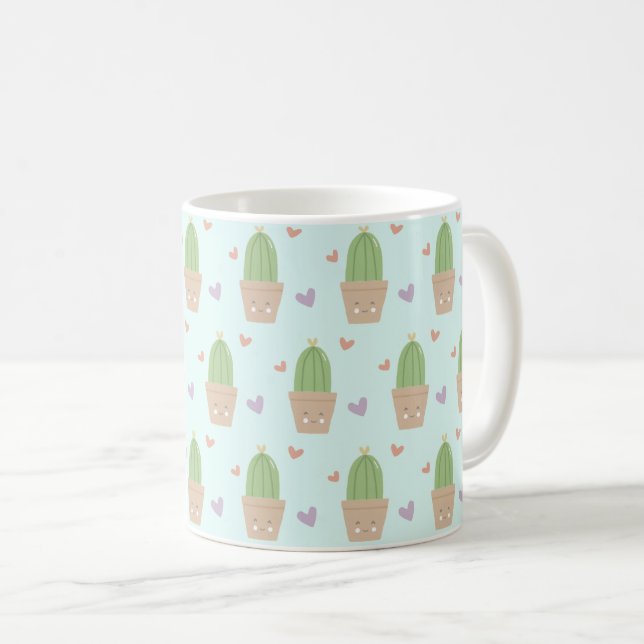 Cute Kawaii Cactus och Hearts Mönster Kaffemugg (Framsida höger)