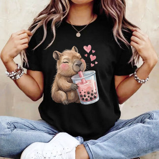 Cute Kawaii Capybara Drink Boba Bubble Tea Kawaii T Shirt