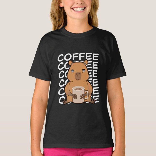 Cute Kawaii Capybara Drinking Coffee T Shirt (Framsida)