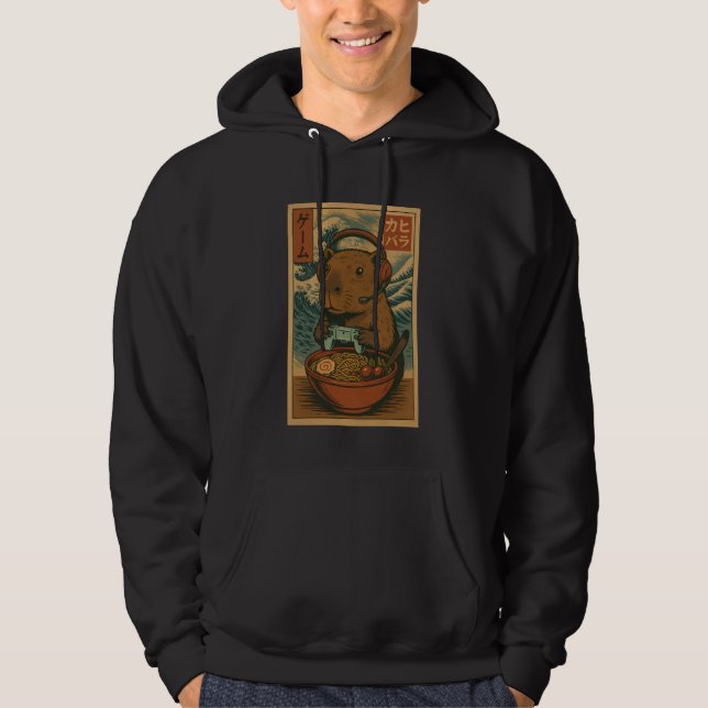 Cute Kawaii Capybara Gamer Eating Ramen Japanese V Hoodie (Framsida)