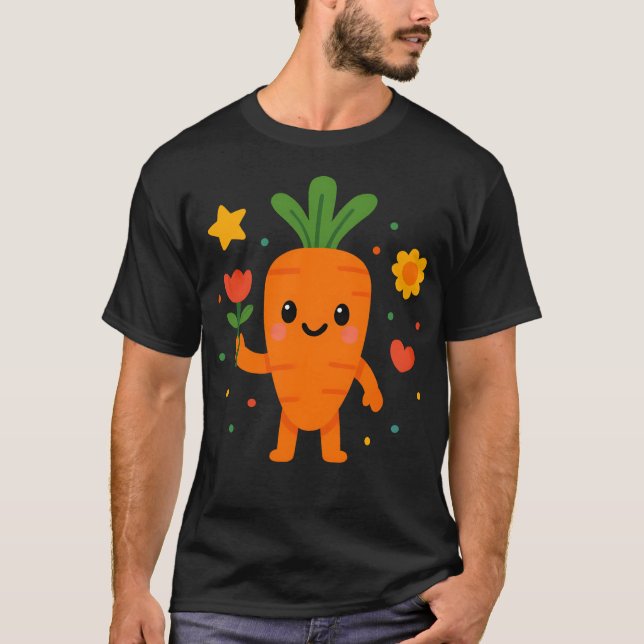 Cute Kawaii Carrot Holding Flower Lycklig Vegetabl T Shirt (Framsida)