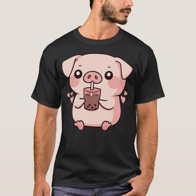 Cute kawaii cartoon pig drinking bubble tea (2) t shirt (Framsida)