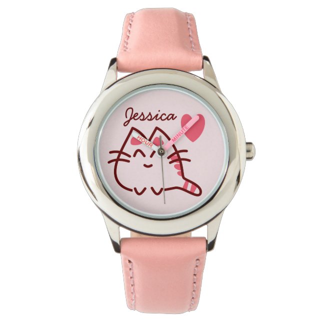 Cute Kawaii Cat and Heart Personlig Armbandsur (Framsida)