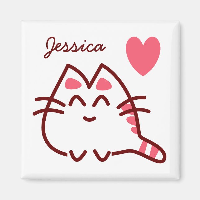 Cute Kawaii Cat and Heart Personlig Magnet (Framsidan)