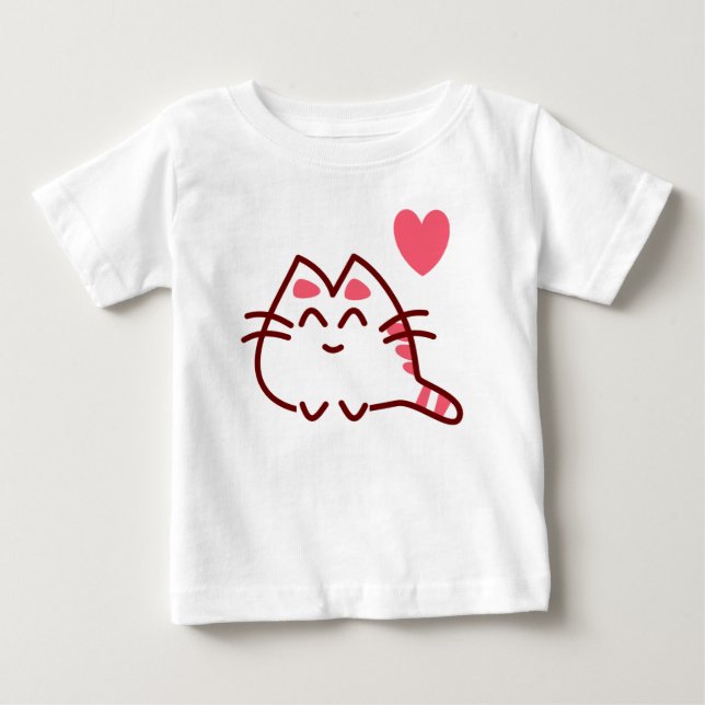 Cute Kawaii Cat and Heart T Shirt (Framsida)