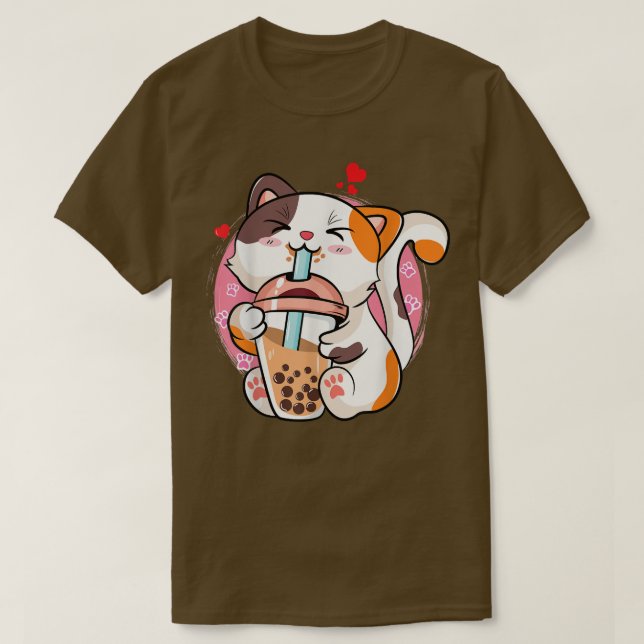 Cute Kawaii Cat Boba Bubble Milk Tea Anime Neko Ki T Shirt (Design framsida)