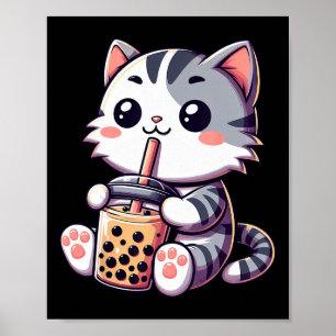 Cute Kawaii Cat Boba Bubble Mjölk Tea Anime Neko K Poster