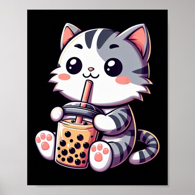 Cute Kawaii Cat Boba Bubble Mjölk Tea Anime Neko K Poster (Framsidan)