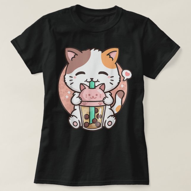 Cute Kawaii Cat Boba Bubble Mjölk Tea Anime Neko K T Shirt (Design framsida)