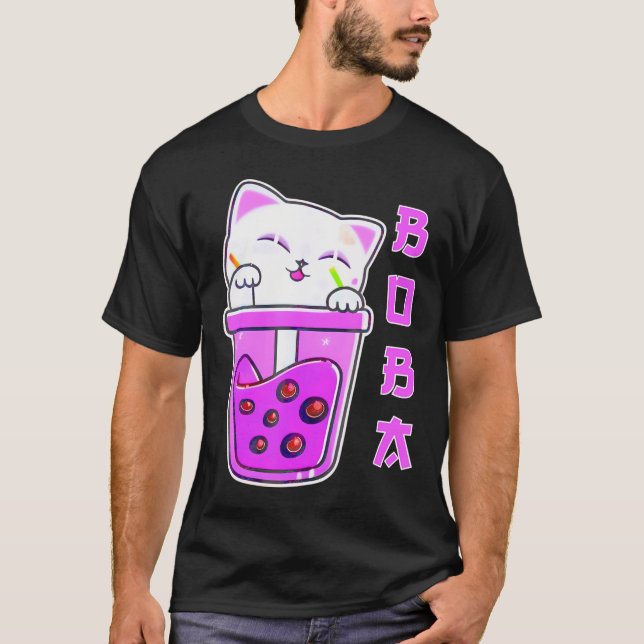 Cute Kawaii Cat Boba Bubble Tea Anime Japansk Nek T Shirt (Framsida)