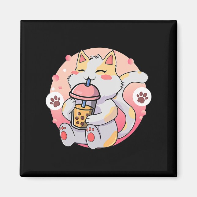Cute Kawaii Cat Boba Tea Anime Kitten Gift Kids Gi Magnet (Framsidan)