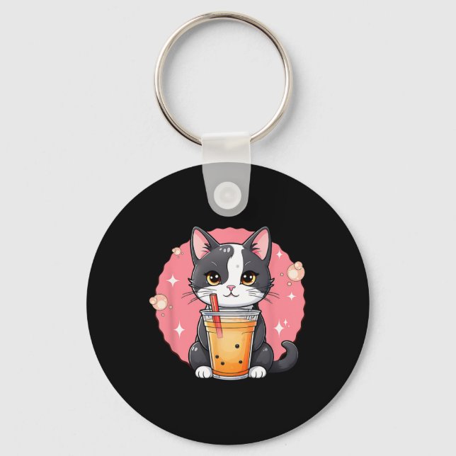 Cute Kawaii Cat Boba Tea Japanska Stil Tuxedo Kit Nyckelring (Framsida)