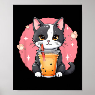 Cute Kawaii Cat Boba Tea Japanska Stil Tuxedo Kit Poster