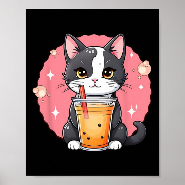 Cute Kawaii Cat Boba Tea Japanska Stil Tuxedo Kit Poster (Framsidan)