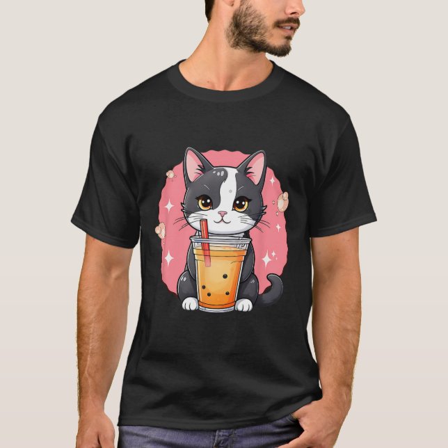 Cute Kawaii Cat Boba Tea Japanska Stil Tuxedo Kit T Shirt (Framsida)