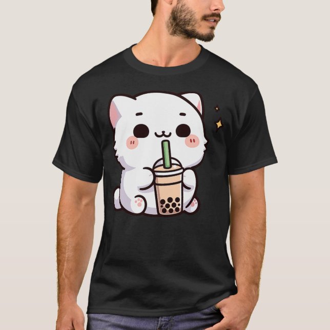 Cute Kawaii Cat Drinking Boba Tea T Shirt (Framsida)