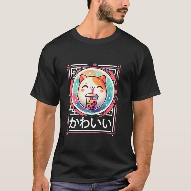 Cute Kawaii Cat Drinks Boba Bubble Tea Kawaii Aest T Shirt (Framsida)
