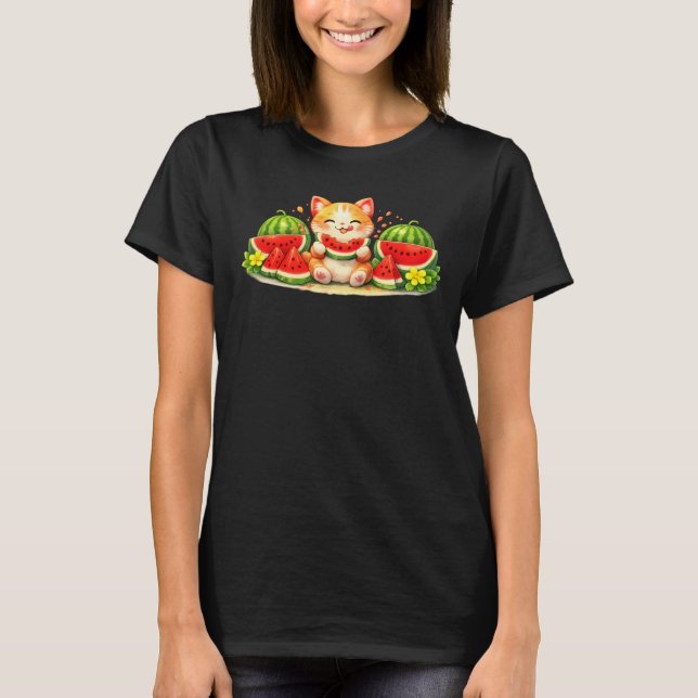 Cute Kawaii Cat Eating Watermelon Illustration T Shirt (Framsida)