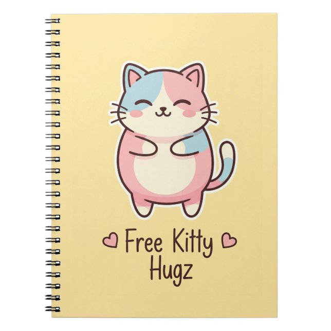 Cute Kawaii Cat "Free Pup Hugz" Personalized Pas Anteckningsbok (Framsidan)