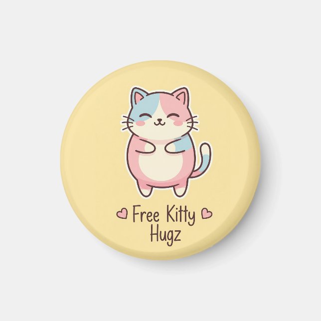 Cute Kawaii Cat "Free Pup Hugz" Quirky Pastel Magn Magnet (Framsidan)