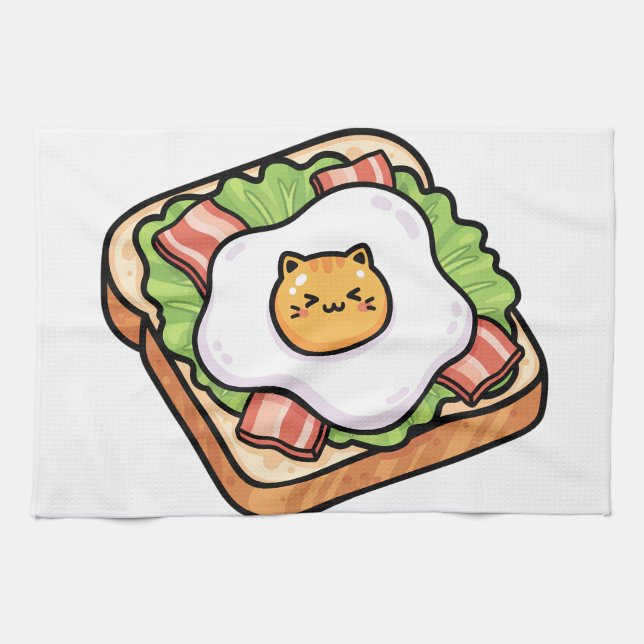 Cute Kawaii Cat Fried Egg on Toast Illustration Kökshandduk (Horisontell)