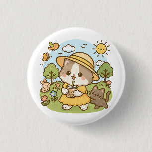 Cute Kawaii Cat Gult Dress Drinking Bubble Tea Knapp