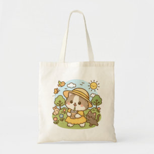 Cute Kawaii Cat Gult Dress Drinking Bubble Tea Tygkasse