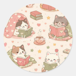 Cute Kawaii Cat Heart Book Pattern Runt Klistermärke